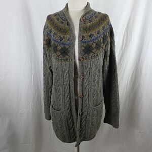 Argyle Cardigan Laura Ashley 100% Wool Cable Knit Womens Large L Green Grandma